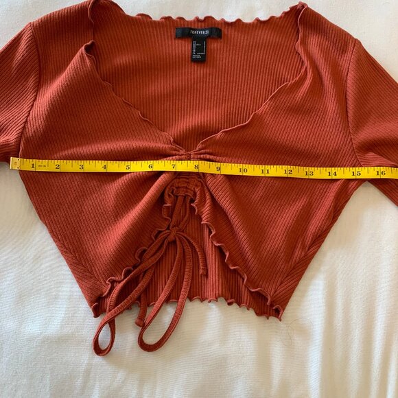 Forever 21 Ribbed Ruched Crop Top. Women Long Sleeves V-Neck Burnt Orange Size S - Picture 6 of 11
